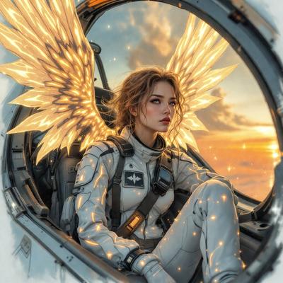 The primary subject of the image is a woman wearing a white suit and sitting in a chair. She has wings on her back, giving her an angelic appearance. The setting is an airplane, with the woman sitting in the cockpit. The visual style is a combination of digital art and illustration, creating a unique and captivating scene. The colors and mood of the image are predominantly white, giving it a clean and serene atmosphere.